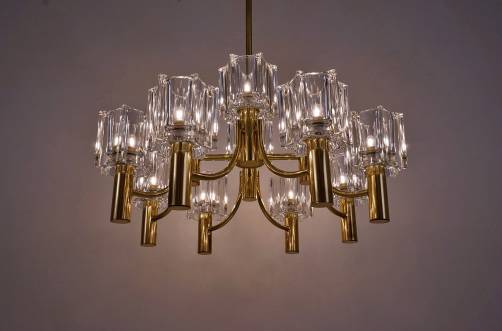 Hans Agne Jakobsson chandelier brass & glass 12 lights, 1970�s Swedish